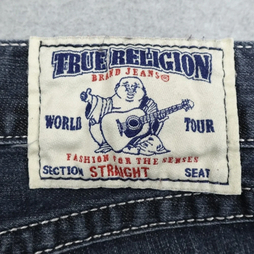 True Religion Straight Jeans Mens 34 Blue Medium Wash Flap Pockets White Stitch